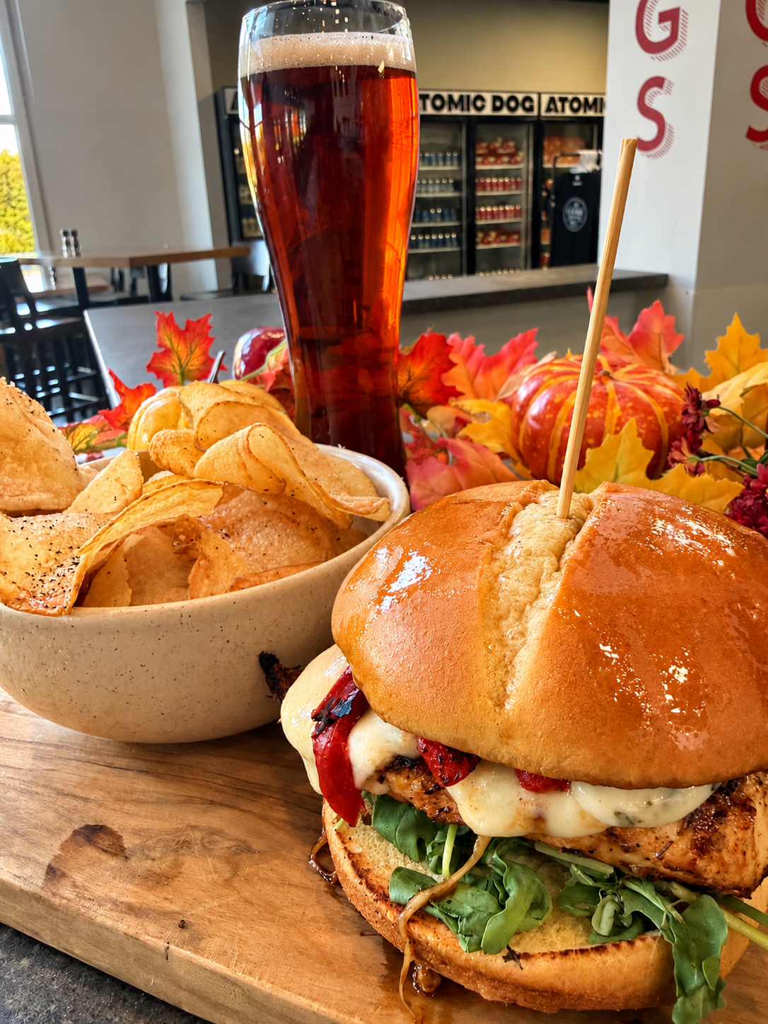chicken-sandwich-chips-beer